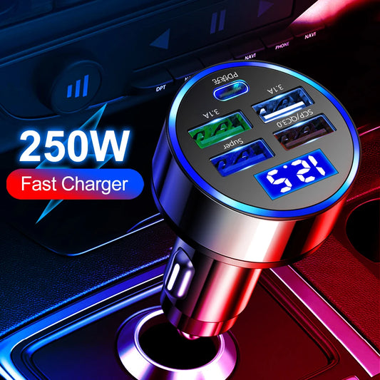 250W PD USB Car Charger Fast Charging Type C USB Phone Adapter in Car For iPhone 13 Pro Xiaomi Huawei Samsung Car Quick Charger