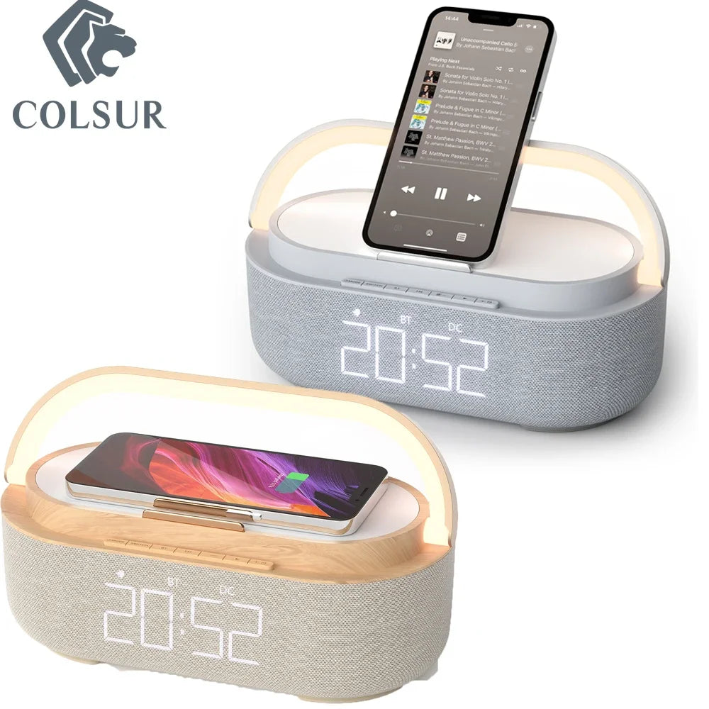 NEW Wireless Charger 15W Portable Digital FM Alarm Clock Bluetooth Speaker Radio Touch Night Light Dual Home Bedside Subwoofer