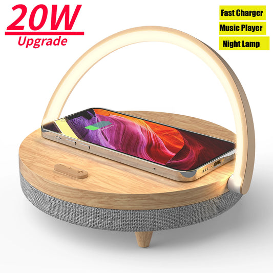 Multifuction Wireless Charger Bluetooth Speaker for IPhone 13 14 Wooden Table Lamp High Power Charging Light Speaker Bluetooth