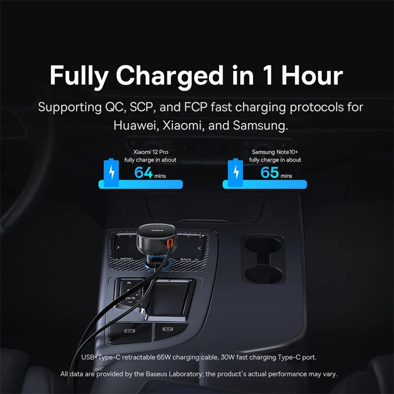 Baseus 60W Car Charger 2 in 1 Retractable Cable SCP 25W QC PD 30W Fast Car Phone Charger For iPad iPhone 16 15 14 13 Pro Samsung