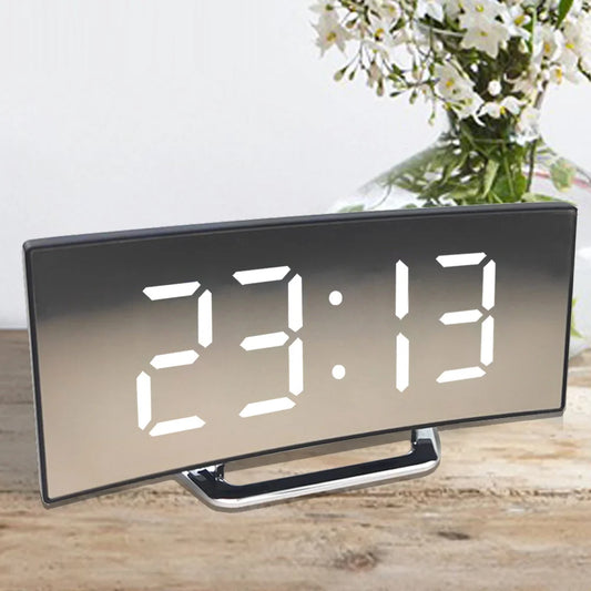 Led Alarm Clock Digital Children Electronic Alarm Clocks Curved Screen Mirror Temperature Clock with Snooze Function Desk Clock