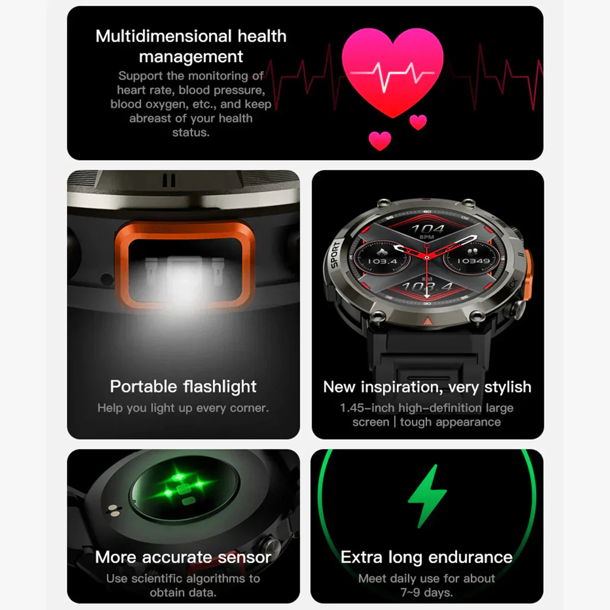 Smart Watch 1.45 Inch 360*360 Pixel 300Mah Smartwatch Men Bluetooth Call Bt5.0 With Flashlight